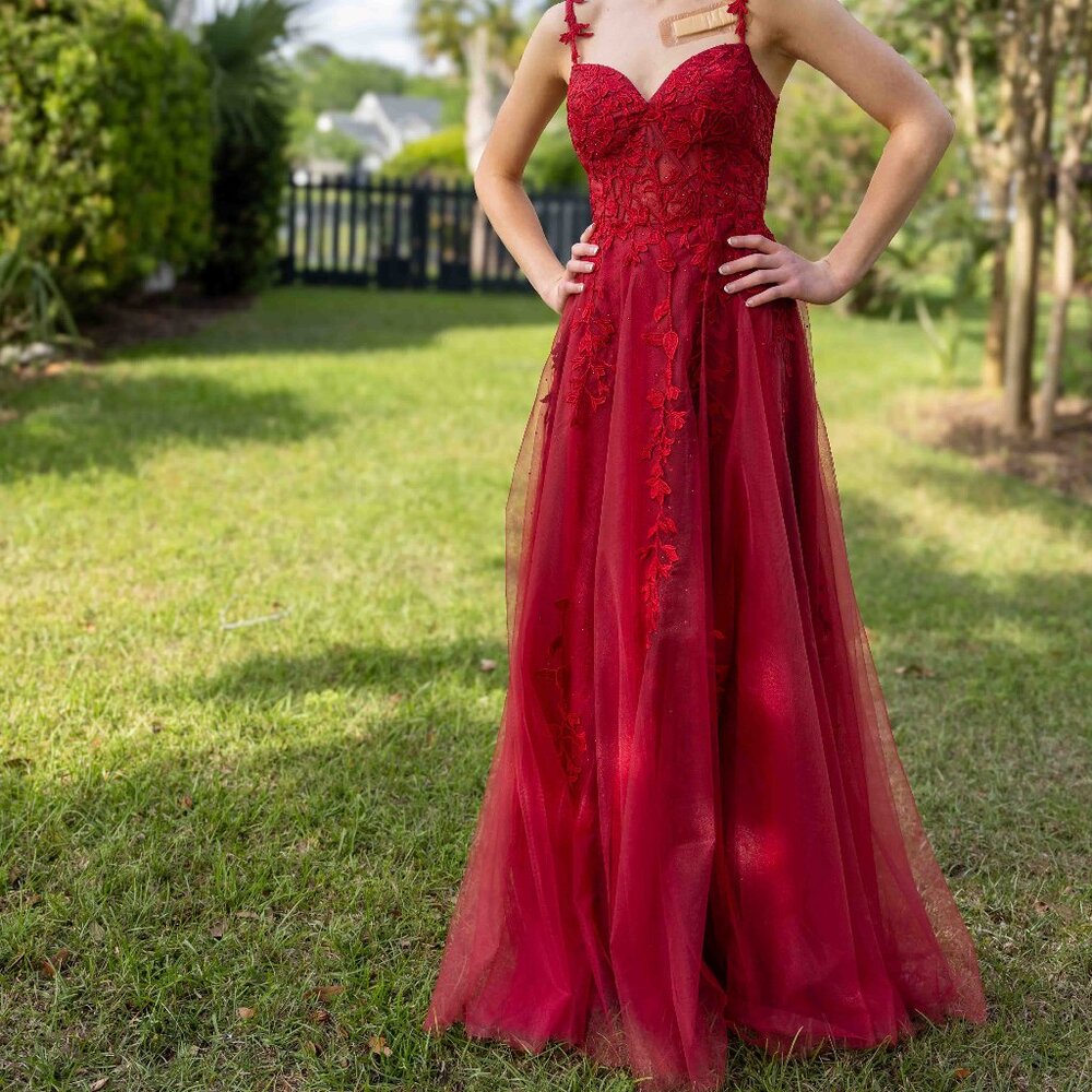 Stacees A-line V Neck Sweep Train Tulle Prom Dress with Appliqued Beading Size 0